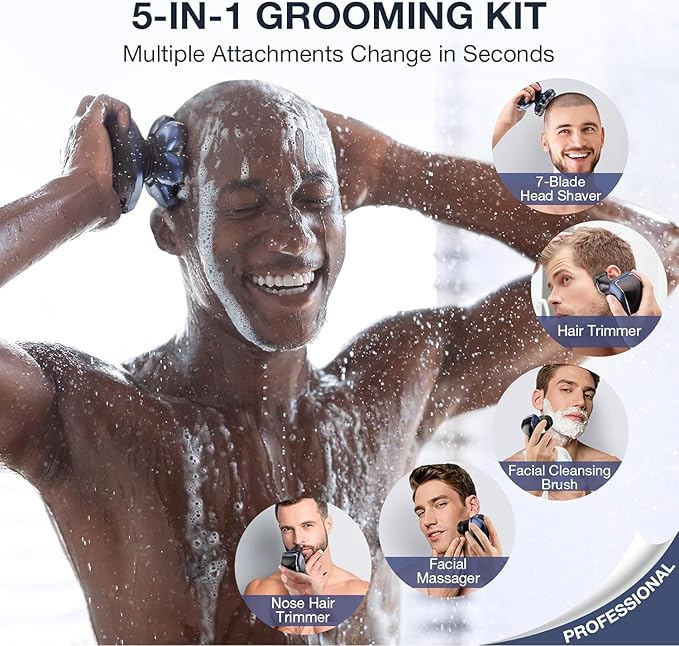 Head Shaver 7D, Wyklaus Head Shavers for Bald Men, Head Electric Razor with Nose Hair Trimmer, Waterproof Wet Dry Mens Grooming Kit, Anti-Pinch
