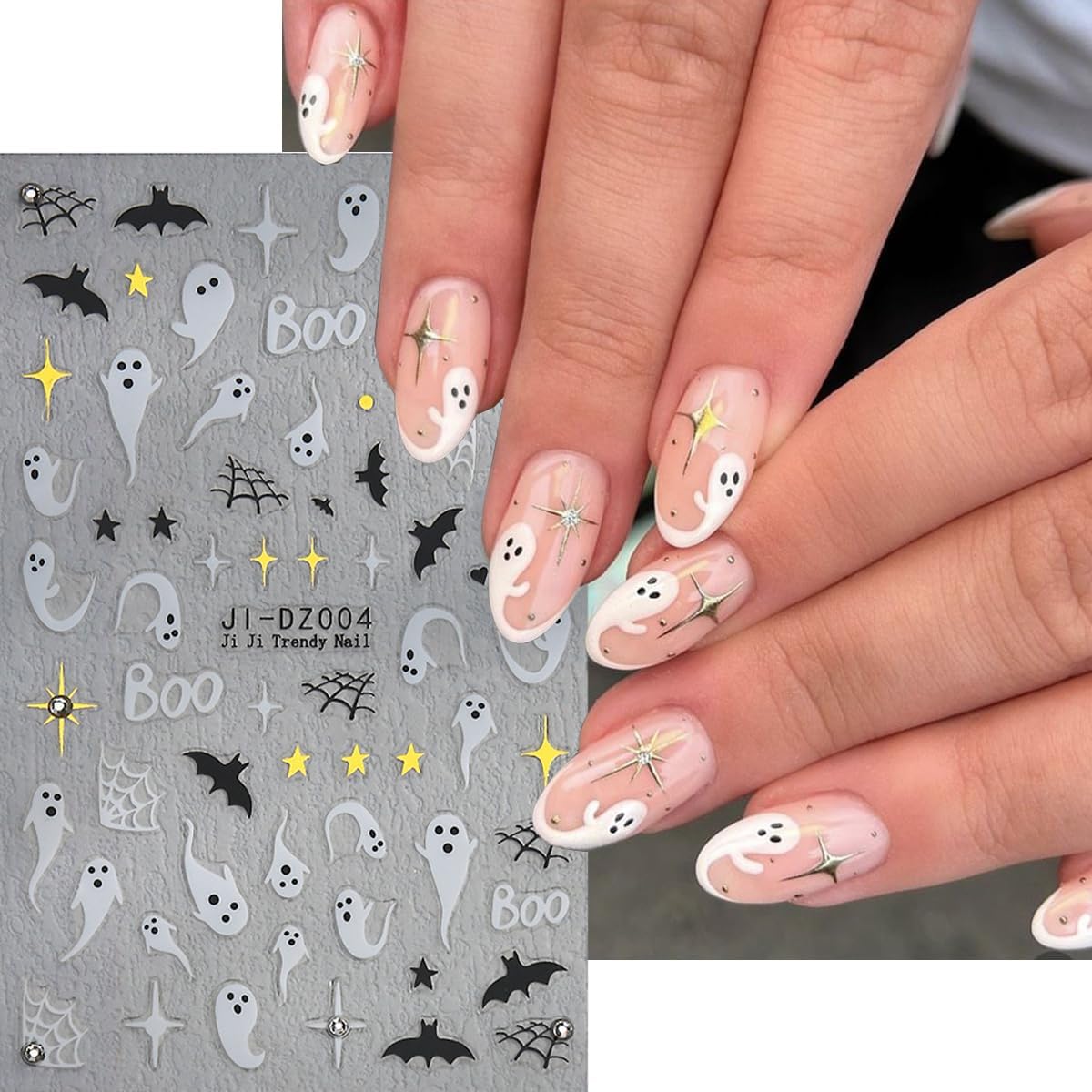 Halloween Nail Stickers Bat Nail Art Stickers Spider Web Nail Decals Gold Star Spider with Rhinestone Design Ghost Nail Sticker for Nail Art Decor Manicure Accessories for Women 6Sheets