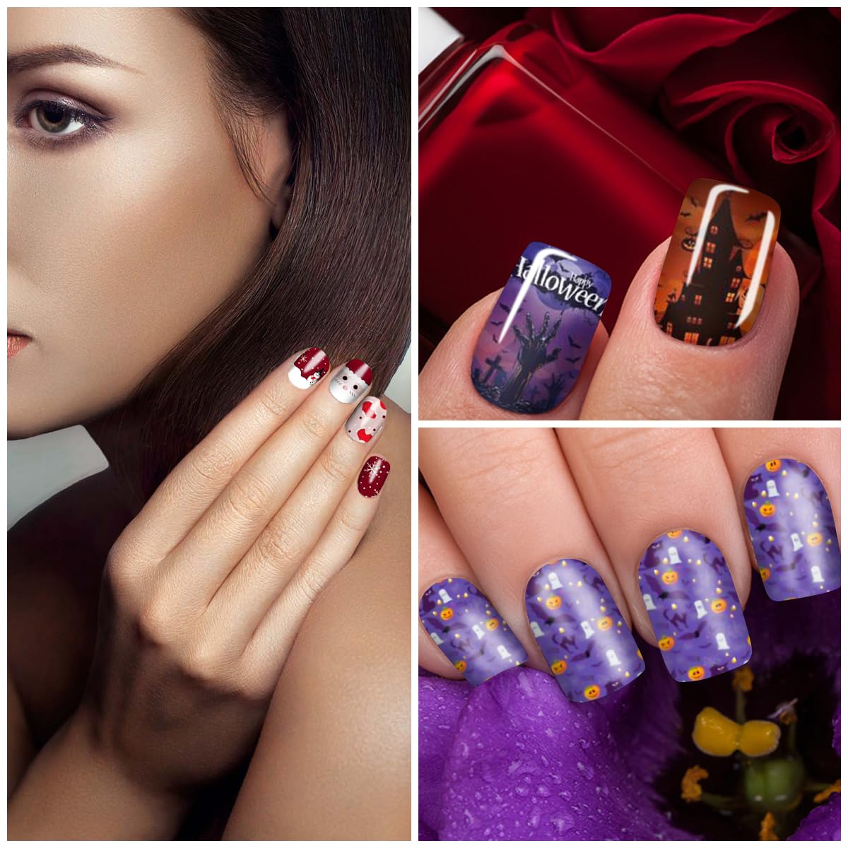 WOKOTO 20 Sheets Mixed Halloween Christmas Nail Polish Strips Full Nail Wraps Stickers for Women Nail Art Pumpkin Bat Ghost Witch Spider Halloween Nail Polish Stickers Gel Nail Wraps for Girls