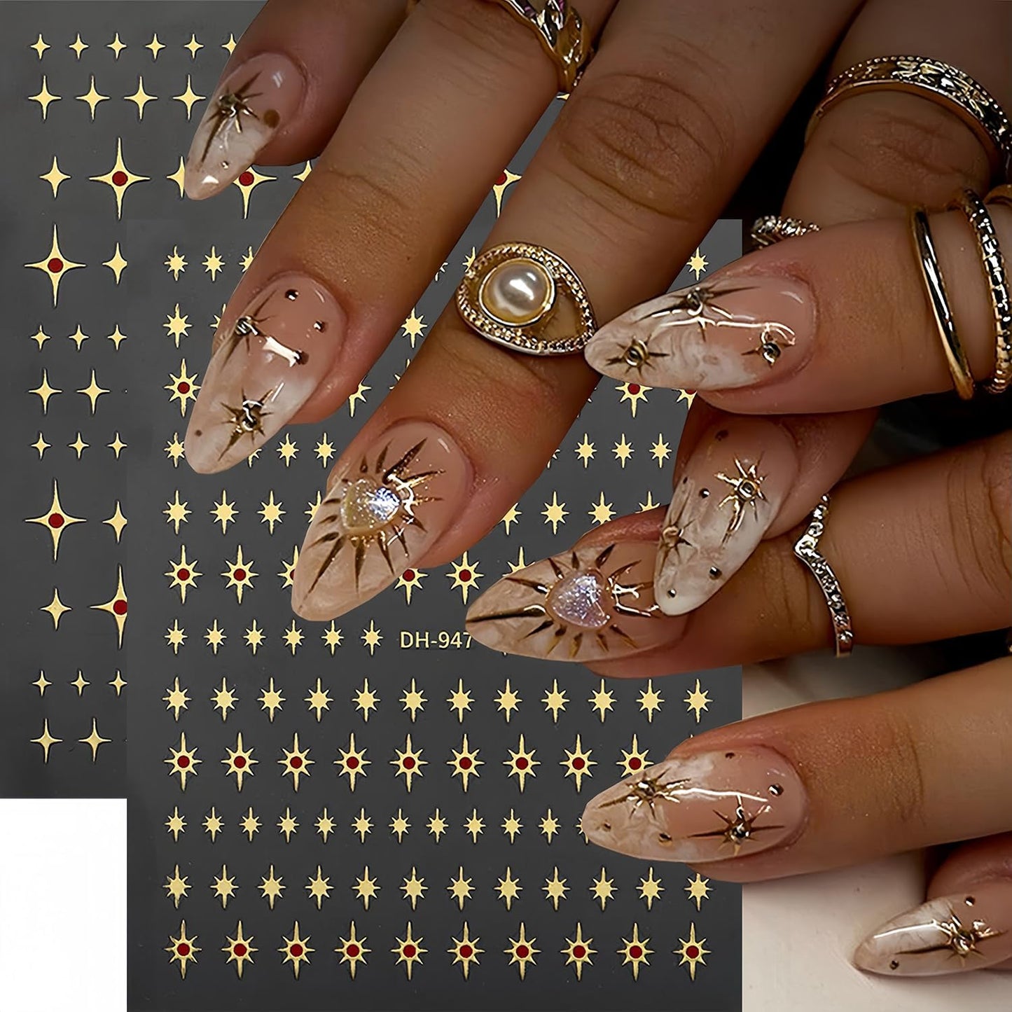 5 Sheets Star Nail Art Stickers 3D Self-Adhesive Gold Stars Starlight Nail Stickers with Red Rhinestones Design Nail Decals Star Moon Nails Sticker for Women Daily DIY Manicure Decoration