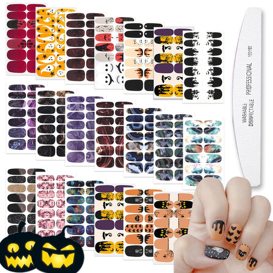 WOKOTO 20 Sheets Halloween Nail Polish Strips, Black Gradient Nail Stickers Full Wraps Kit with Nail File - Pumpkin, Bat, Ghost, Witch, Spider Halloween Nail Polish Stickers for Women Girls