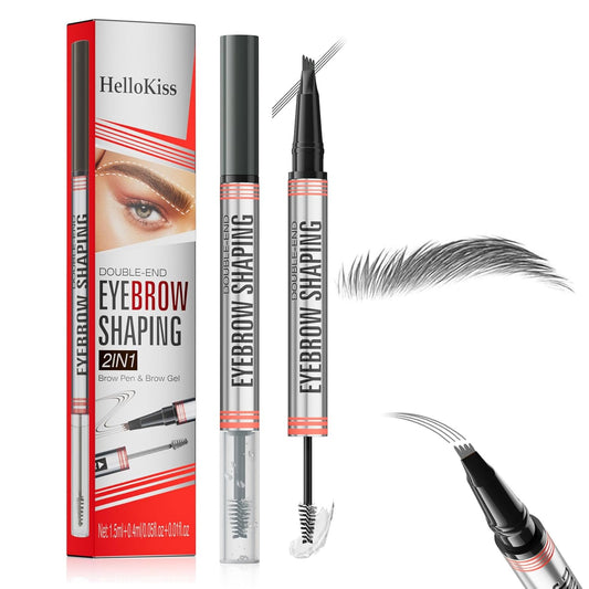 4-Fork Tip Microblading Eyebrow Pen With Brow Gel - 2-in-1 Waterproof Eyebrow Pencil, Long-Lasting Natural Hair-Like Brows, Smudge-Proof & Easy to Use (With Brow Gel 03#Grey)