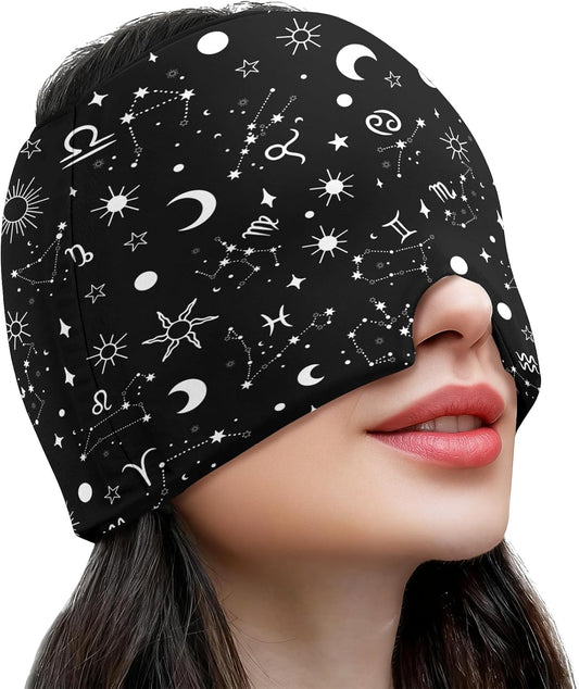 Migraine Relief Cap,Headache Relieve Cap,Black Constellation Pattern Reusable Gel Ice Head Wrap Cap for Tension,Stress,Hangover & Puffy Eyes.