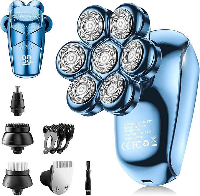 Detachable Head Shavers, SHPAVVER 5 in 1 Electric Razor IPX7 Waterproof for Bald Men, Wet Dry LED Display Rechargeable 7D Rotary Shaver Grooming Kit with Type C Charge A，Bright Blue