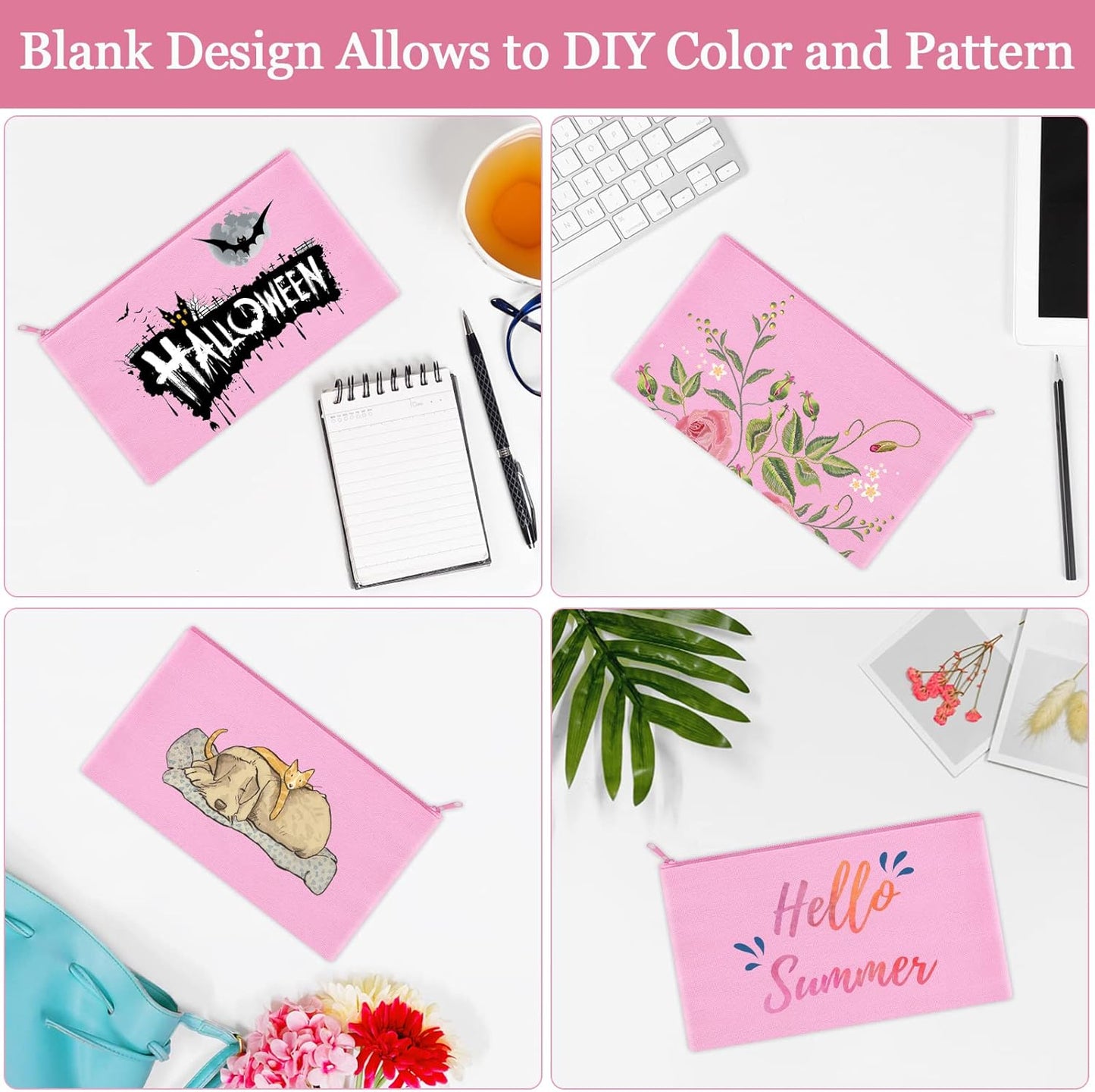 12 Pieces Cotton Canvas Makeup Bag, Multipurpose Cosmetic Bag with Zipper Travel Toiletry Pouch, Blank DIY Craft Bag (Pink, S)