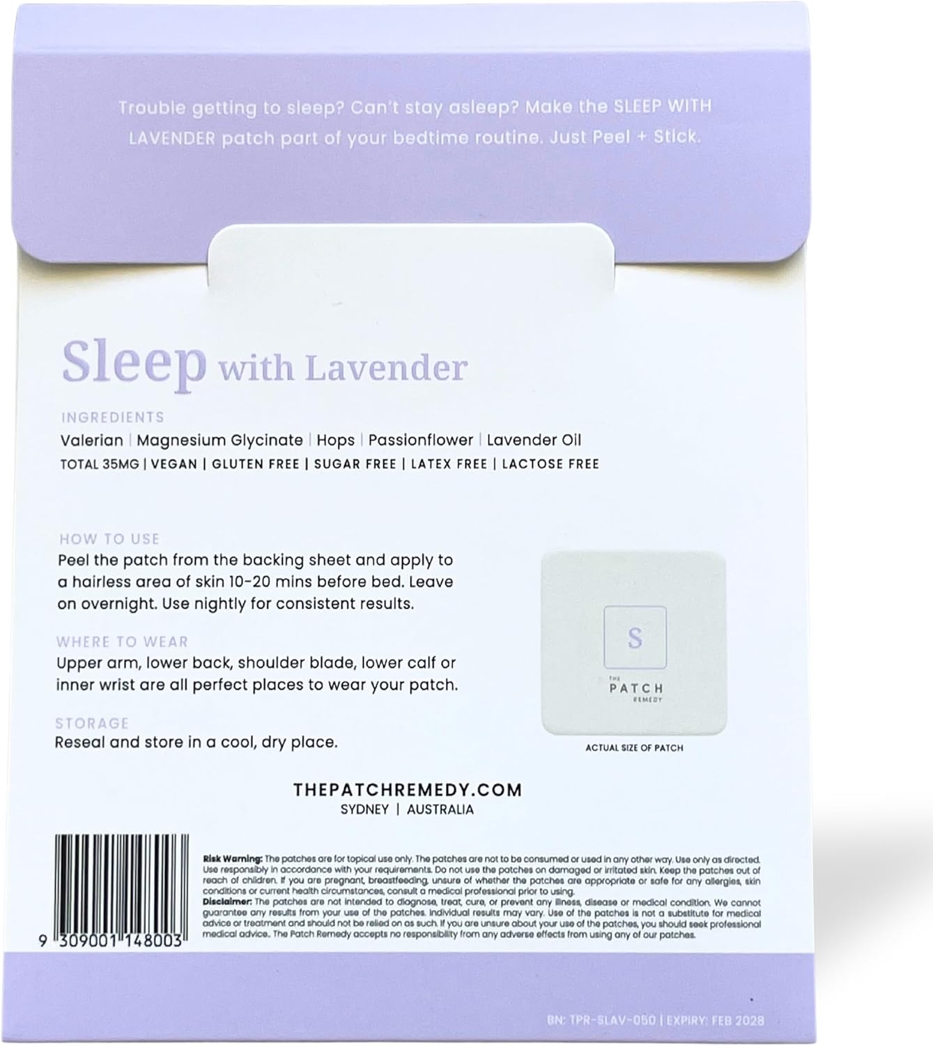 Sleep with Lavender Patch | Valerian, Passionflower, Hops, Magnesium Glycinate, Lavender | 30 Patches