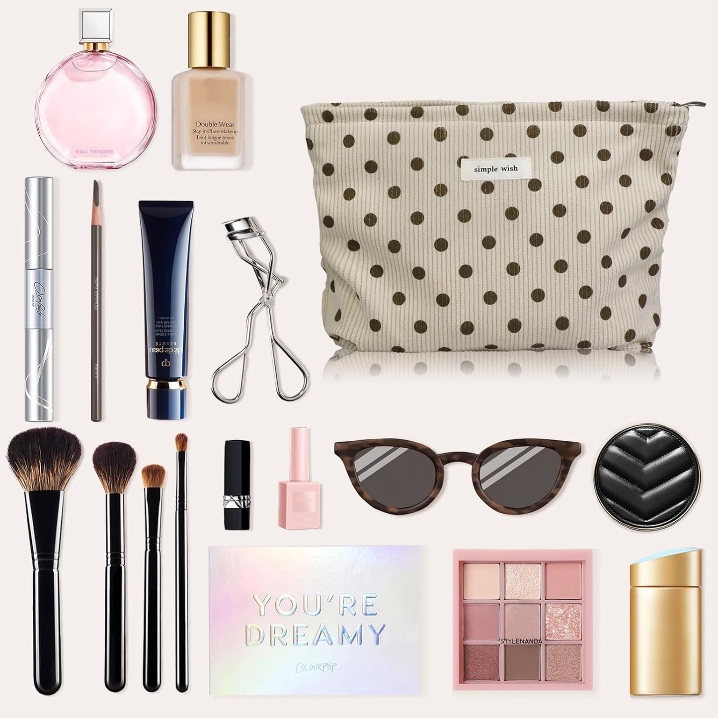 Wudygirl Makeup Bag Makeup Pouch for Women Corduroy Cosmetic Bag Portable Travel Toiletry Bag Large Capacity Make up Organizer with Zipper（Beige Polka Dot）