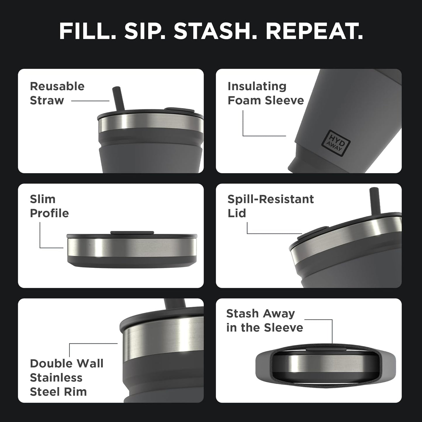 HYDAWAY 16oz Collapsible Tumbler - BPA-Free, Reusable Silicone Cup with Lid & Insulating Sleeve - Perfect for Coffee, Travel, and Everyday Use