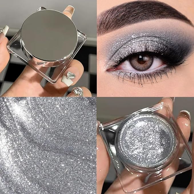 Single Glitter Eyeshadow, Shimmer Eyeshadow Palette, Korean Eye Glitter Makeup, Ultra-Blendable, Sparkle Silver Eye Shadow, Single Shade Metallic Pigmented, (Silver)