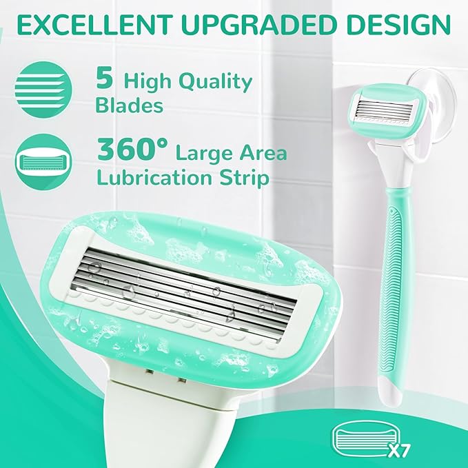 DreamGenius Razors for Women Include 1 Non-Slip Handles and 7 Blade Refills with a Shower Holder, 5 Premium Blades Women's Razors for Shaving with 360° Lubrication Reduces Irritation, Green