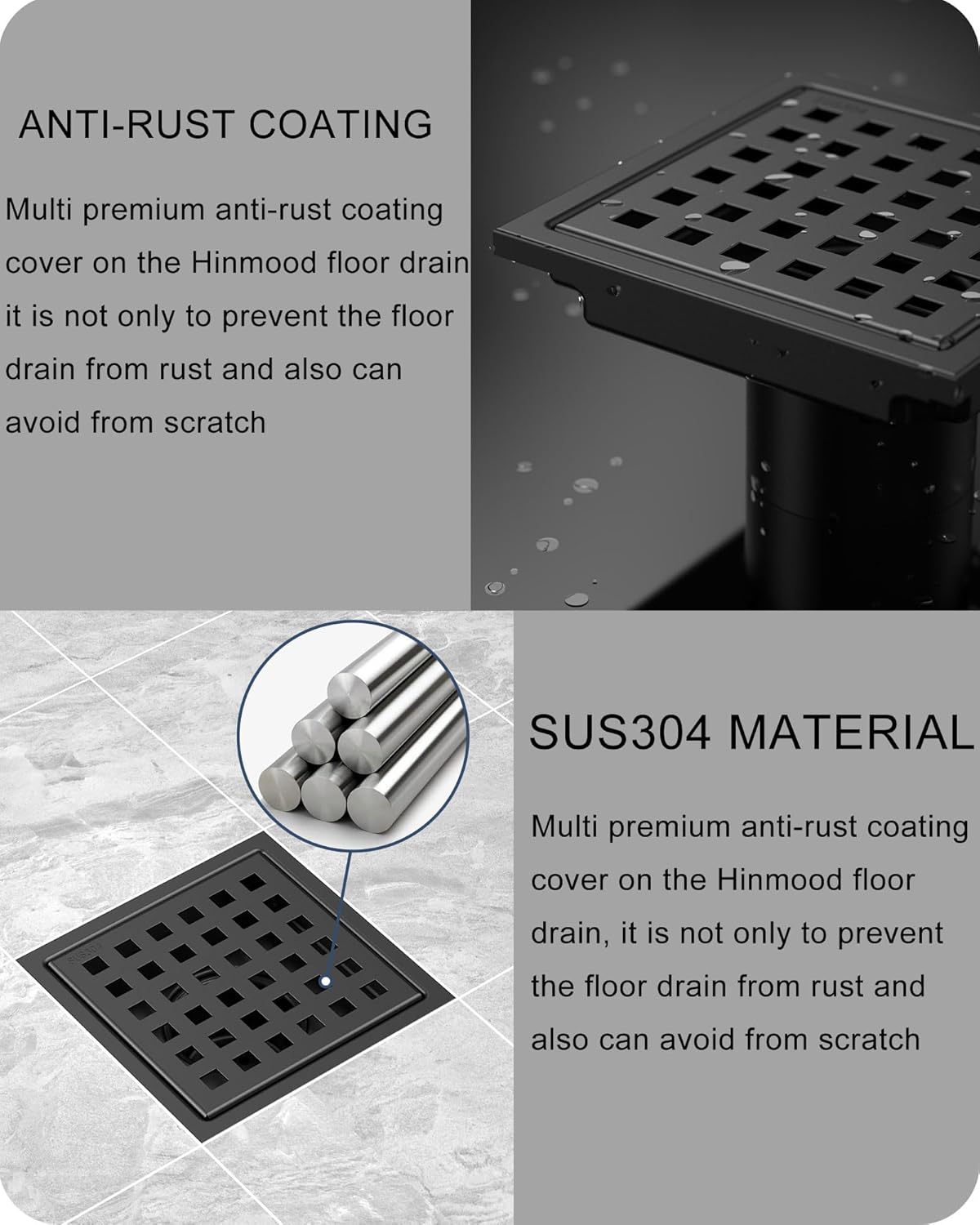 6 Inch Square Shower Drain SUS304 Stainless Steel Bathroom Floor Drain Strainer, Hair Catcher, Anti-Clog, Rust-Resistant, Fast Drainage (Matte Black)