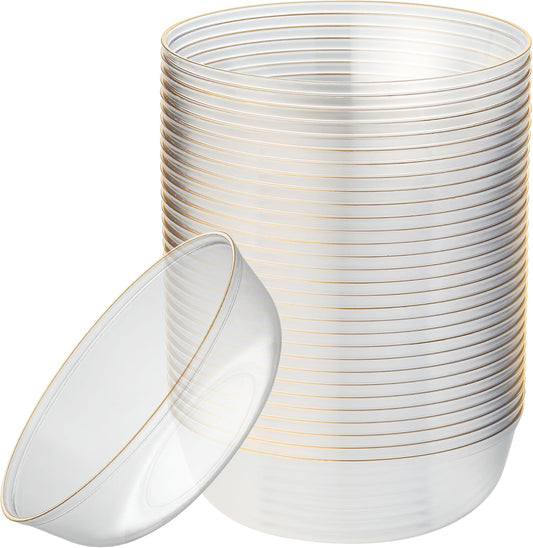 PLASTICPRO [30 Pack 16 OZ Bowls Edge Collection Clear with Gold Rim Plastic Party Soup Bowls Premium heavyweight Elegant Disposable Tableware Dishes