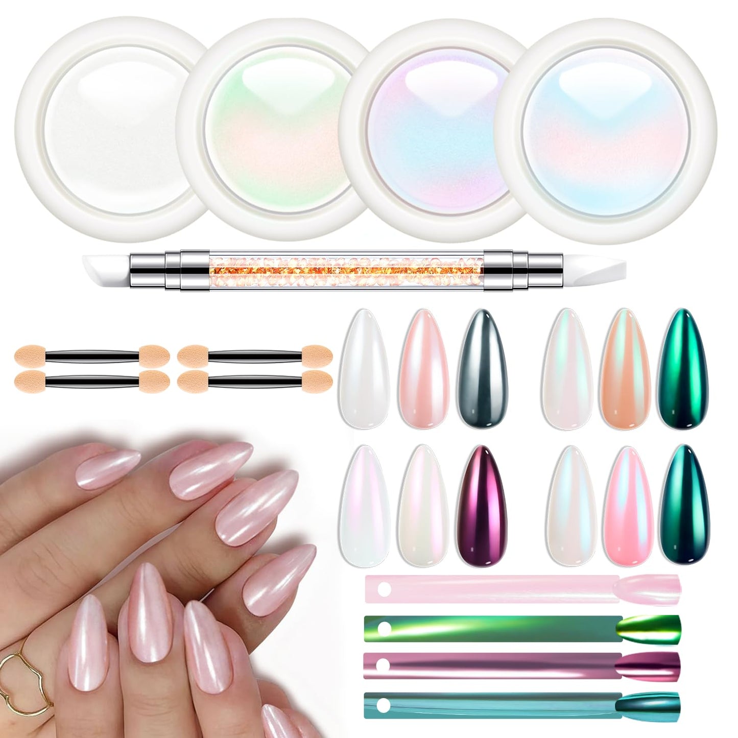 modelones Chrome Nail Powder Pearl Chrome Powder for Nail Magic White Glazed donut Chrome Nail Powder Mirror Effect Holographic Aurora Iridescent Pearlescent Manicure 4 Colors 1g or 0.5g/Jar