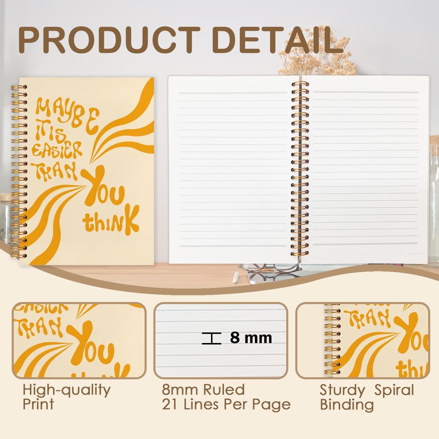 Abstract Orange Inspirational Spiral Journal Notebook 5.5x8.3in, Positive Affirmation Gifts, Maybe It Is Easier Than You Think Motivational Notebooks for Note Taking, Hardcover Notebook