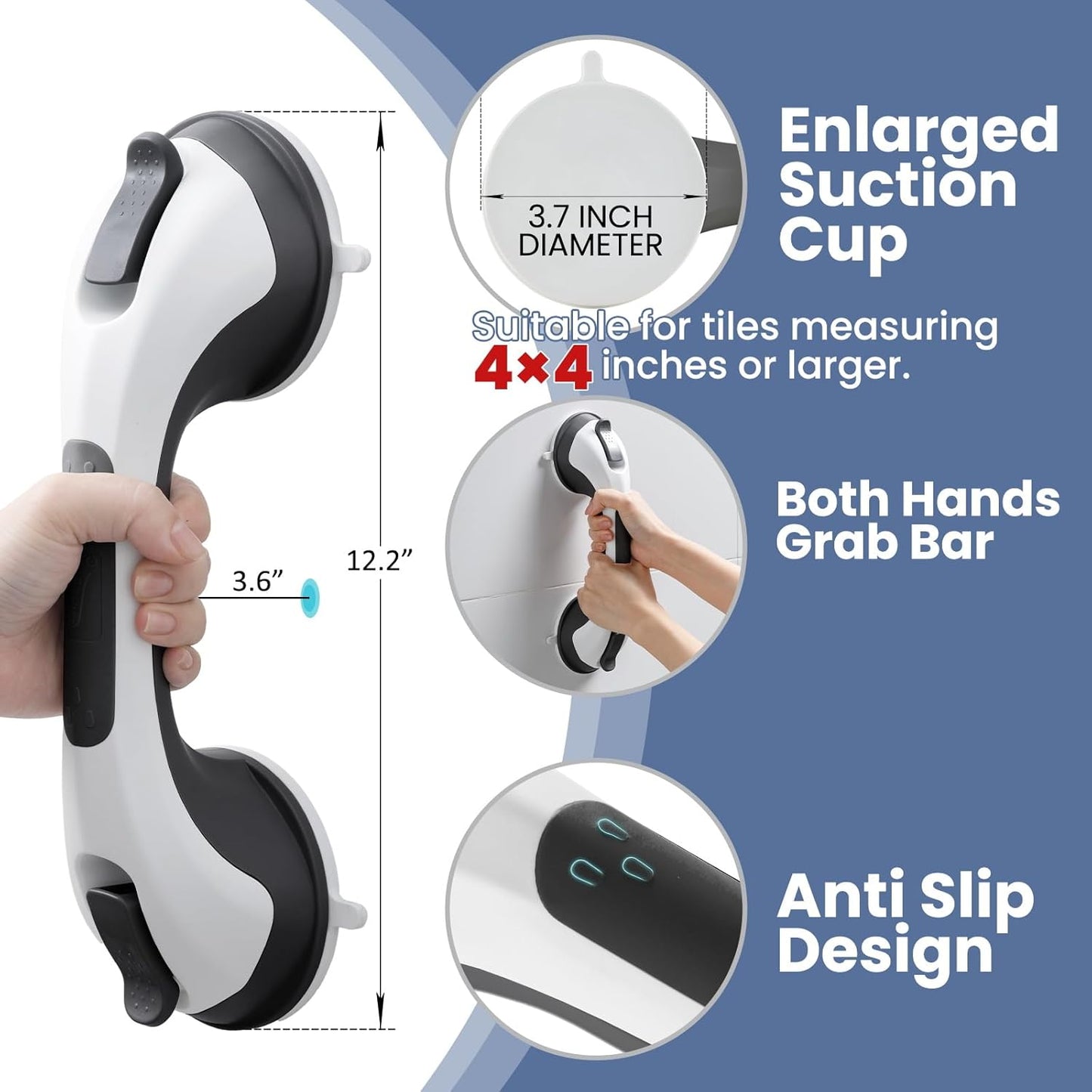 Grab Bars for Bathtubs and Showers Glow in The Dark, 12 inch Suction Grab Bar, Shower Handle Safety Grip Handrail for Seniors and Elderly, Removable Waterproof No Drilling, Black