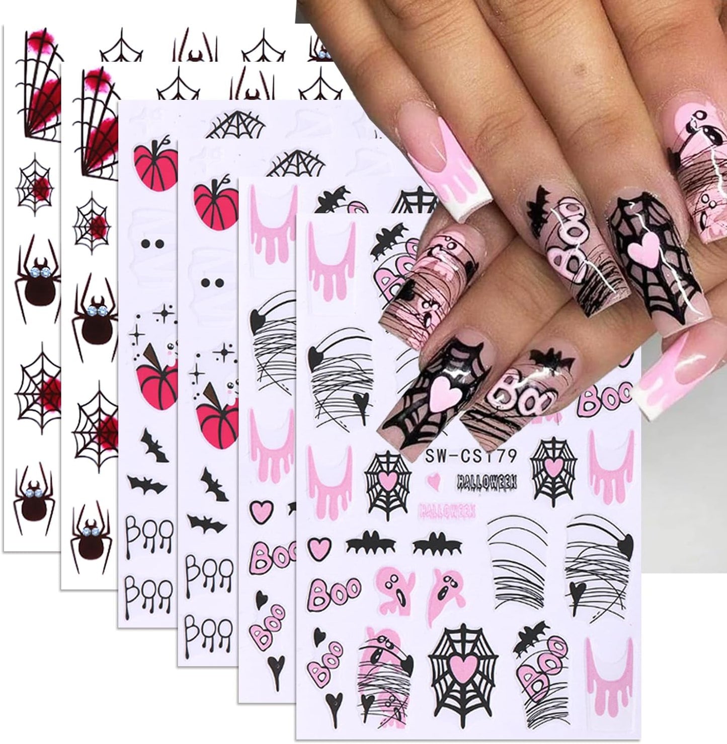 6 Sheets Halloween Nail Stickers Spider Web Nail Art Stickers Ghost Nail Decals Black Pink Red Bat Heart Boo Design Pumpkin Nail Sticker for Nail Art for Women DIY Holiday Salon Manicure