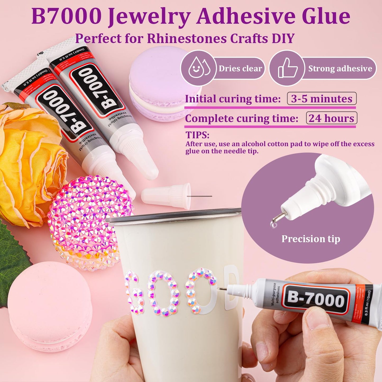 Resin Jelly Rhinestones for Crafting with B7000 Jewelry Glue, 2 Boxes Light Pink AB Flatback Crystals with 3Pcs 10ml Glue, Bedazzling Non Hotfix Gems for DIY Tumblers Clothing Shoes Manicure
