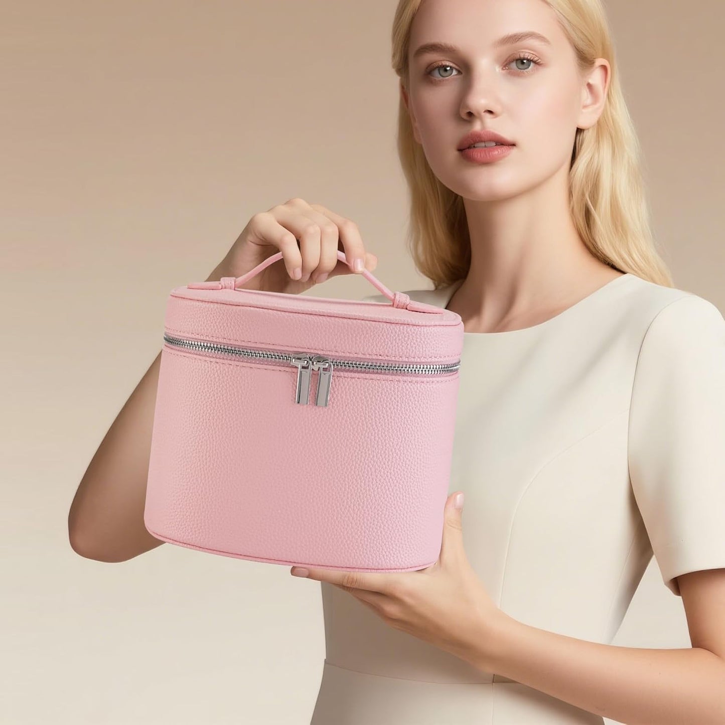 Makeup Bag Vanity Case Cosmetic Bag with Removable Divider Travel Toiletry Bag for Women Portable Make up Box Organizer, Pink