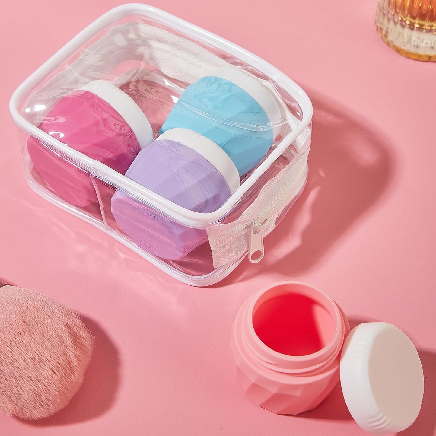 Travel Containers for Toiletries, Premium Silicone Cosmetic Cream Jars, TSA Approved Leak-Proof Refillable Travel Size Toiletries with Clear Bag for Cosmetic Face Body Cream (Vibrant, 1OZ)