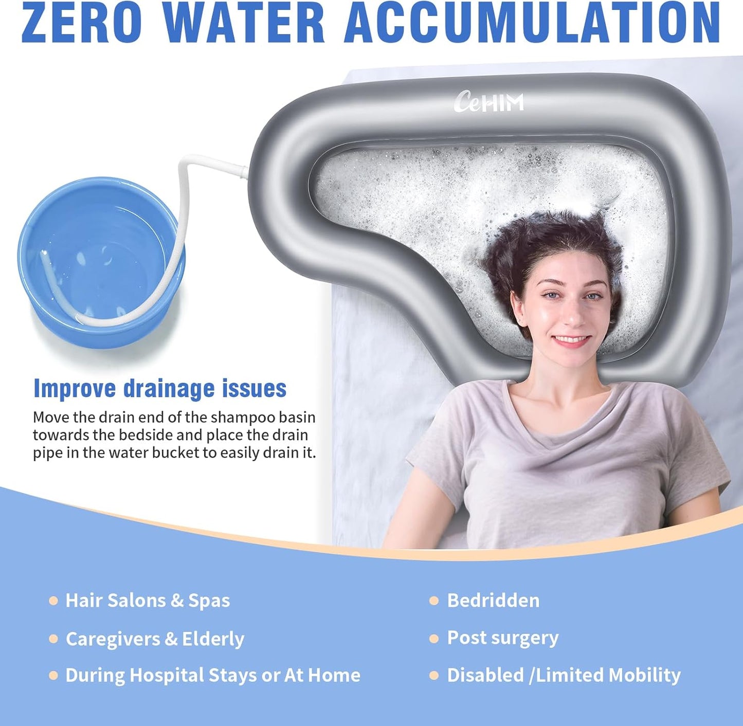 Portable Inflatable Shampoo Basin for Bedridden & Elderly - Zero Pooling Design | Fast-Drain Slope & Neck Support | Portable Hair Wash Bowl, Drain Hose | Hospital PVC | Home Use (Silver, Large)
