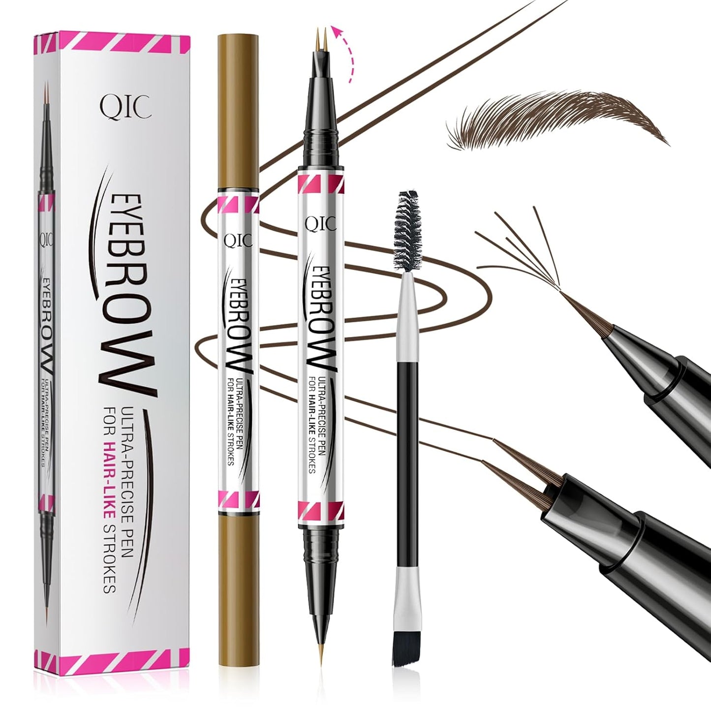 2 Pack Microblading Eyebrow Pencils for Women,2-in-1 Dual-Ended Eye Brow Pen with 2-Fork-Tip and Precise Brush-Tip, Waterproof Long Lasting Eyebrow Pen for Natural Hair-Like Brows(Dark Brown*2)