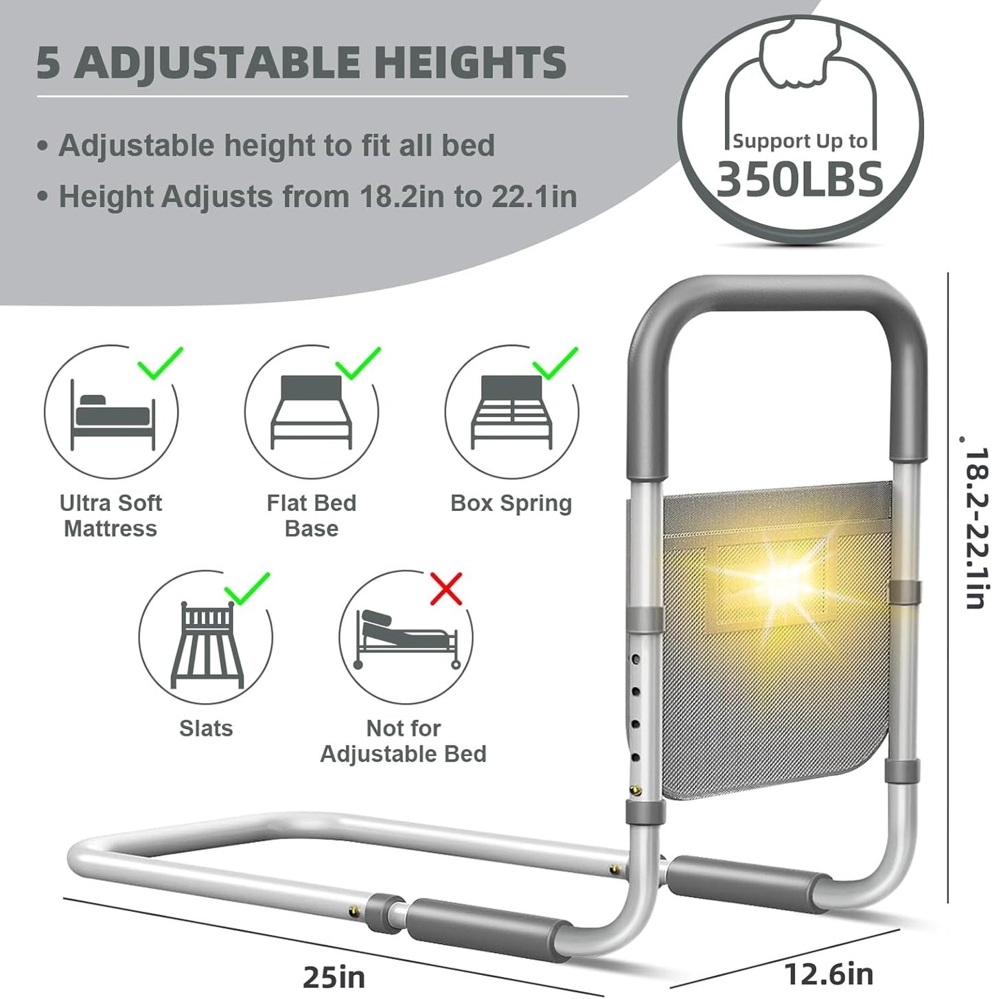 Bed Rails for Elderly Adults Safety: with Motion Light & Storage Bag - Adjustable Bed Assist Rail for Seniors - Bedside Rail Handle Support Bar Bed Guard Rails Fits King Queen Full Twin Medium