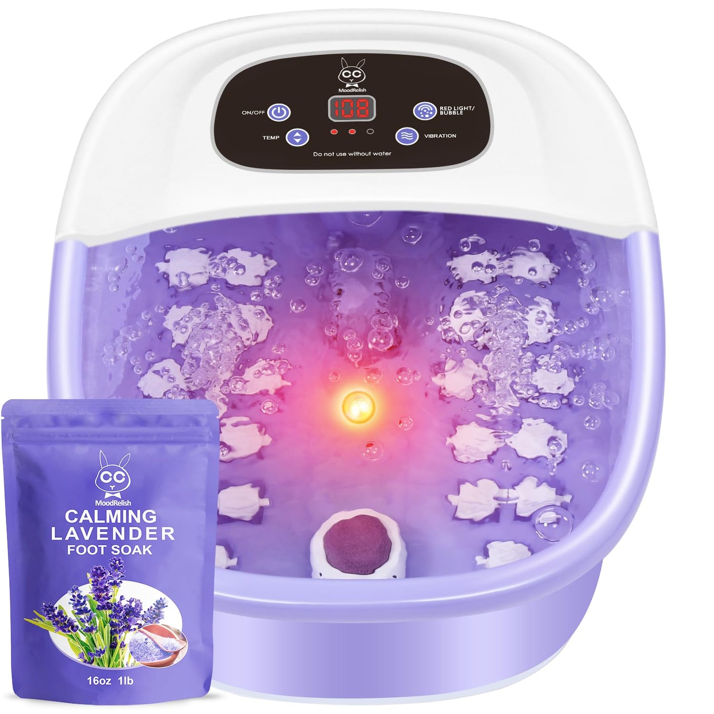 Foot Spa Bath Massager with Heat Bubbles and Vibration Massage and Jets, 16 OZ Calming Lavender Foot Soak Epsom Salt, MoodRelish Foot Soaker With Red Light, 22 Massage Rollers, Adjustable Temp -Purple