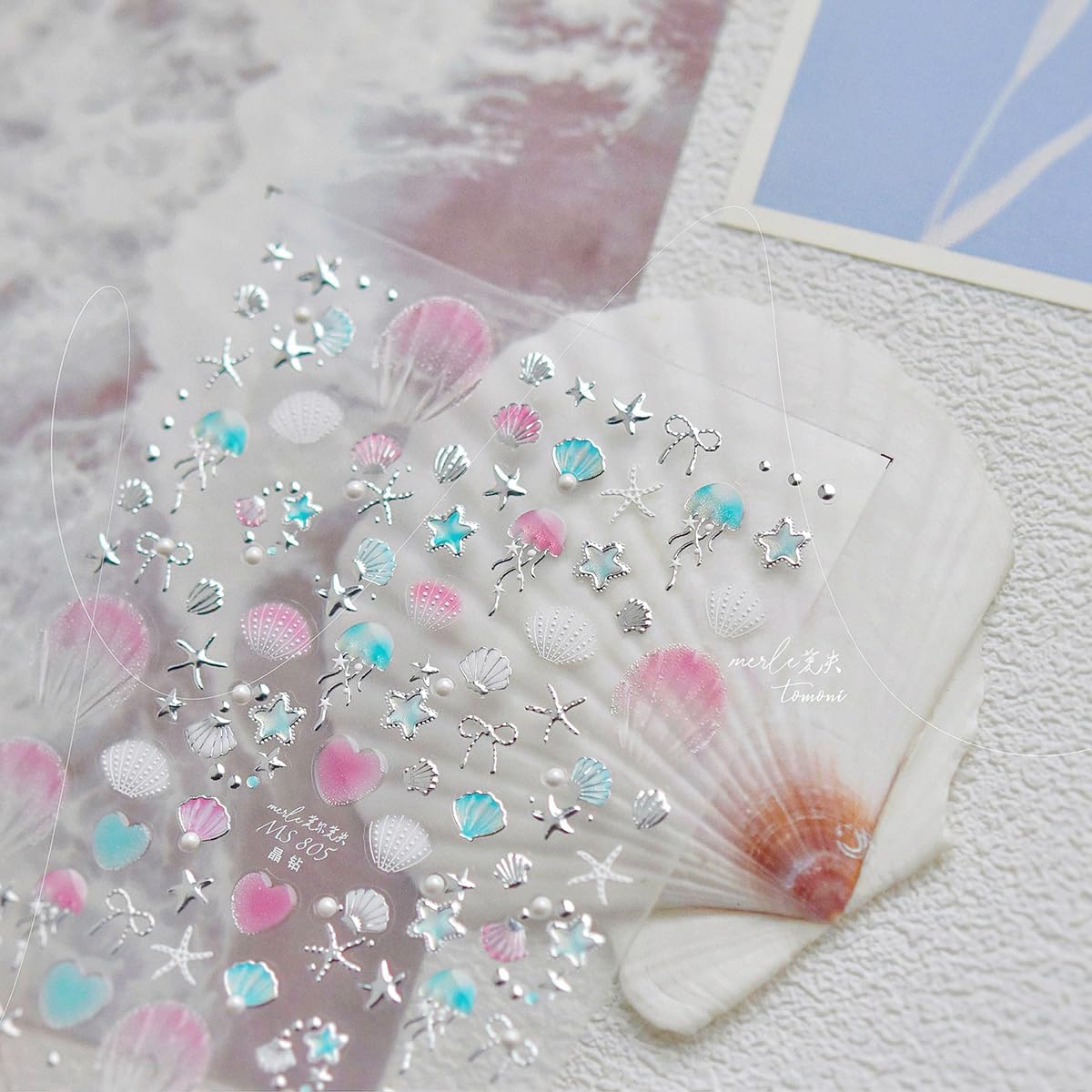 1 Sheets Summer Nail Stickers for Nails Art 5D Embossed Self-Adhesive Shell Starfish Nail Art Stickers Decals Silver Ocean Star Jellyfish Design Beach Nail Supplies for Women Manicure Accessories