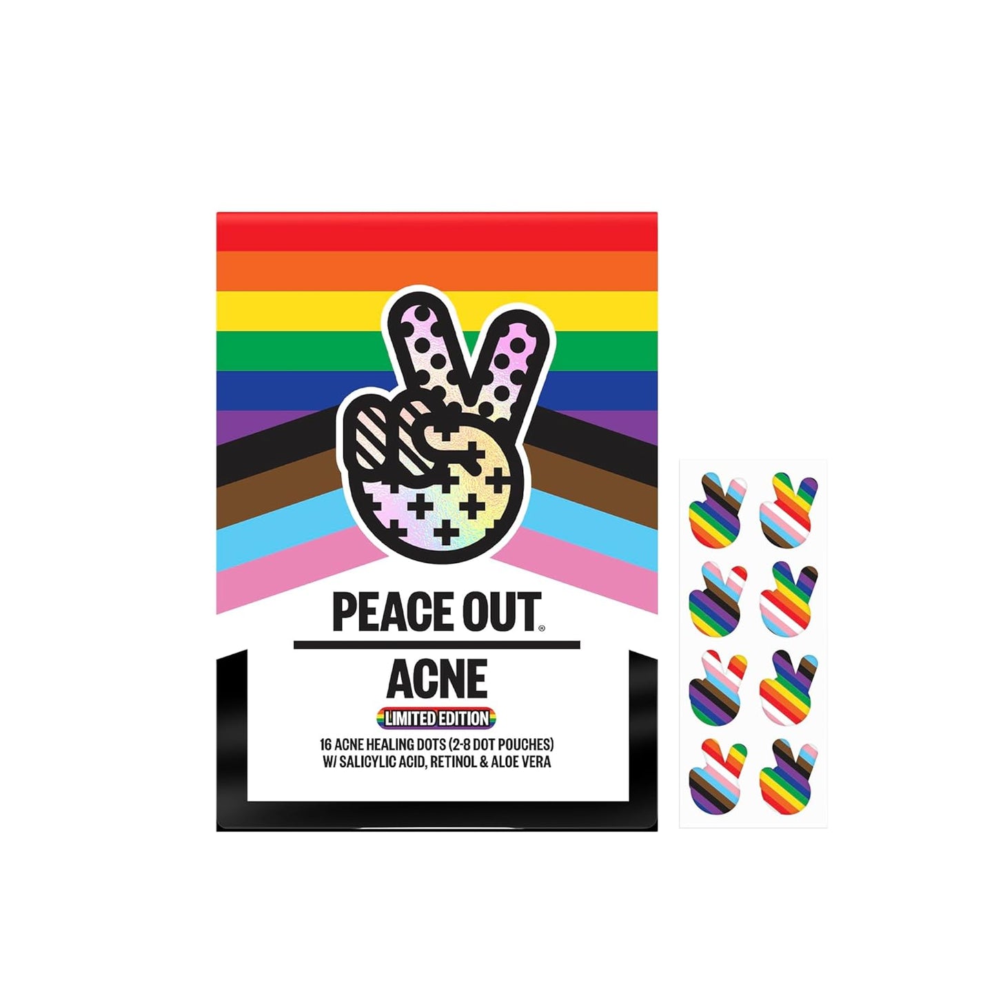 PEACE OUT Acne Healing Pride Dots Helps Clear Blemishes Overnight, Fast Acting Hydrocolloid Pimple Patches for Breakouts with Salicylic Acid, Retinol and Aloe Vera, Award Winning Skincare 16 Count