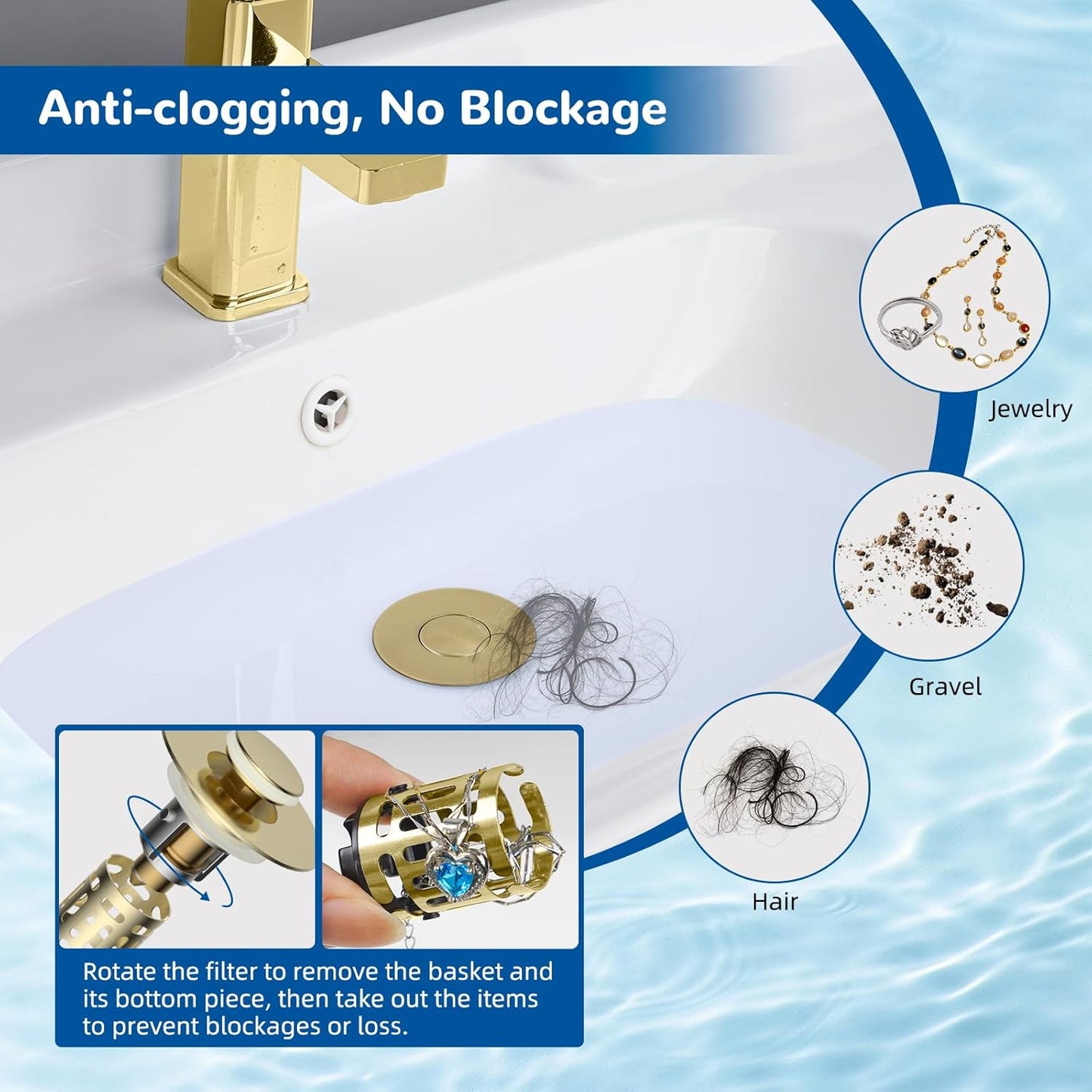 Hibbent Upgraded 3 in 1 Bathroom Sink Drain Strainer, Universal Pop Up Stopper with Removable Stainless Steel Filter Basket Hair Catcher, Sink Plug for 1.1''~2.36'' Basin, Brass Core, Brushed Gold