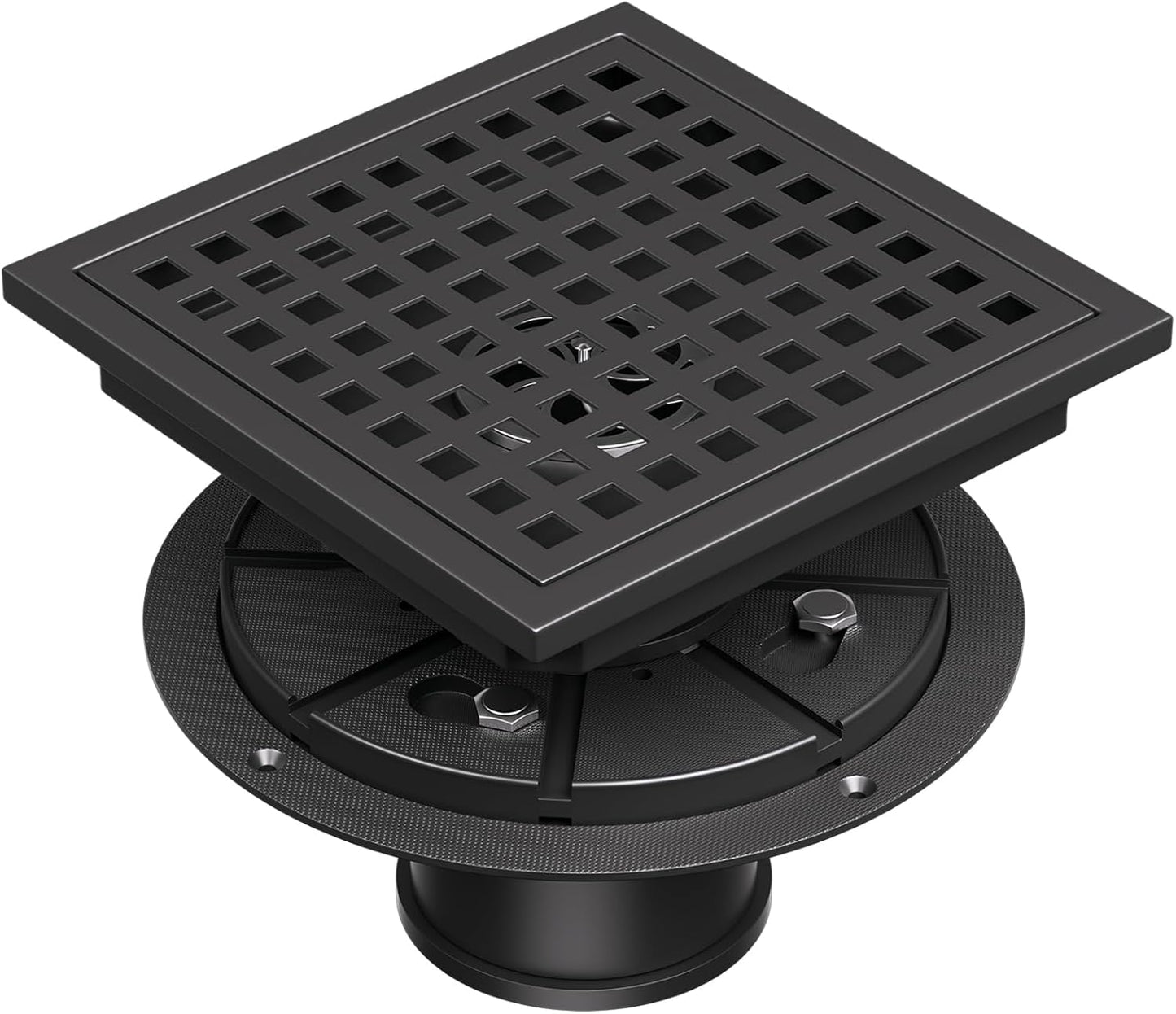 Square Shower Floor Drain with Flange, 6 Inch Matte Black Shower Drain Hair Catcher, SUS304 Stainless Steel Floor Drain Strainer, Shower Drain Cover