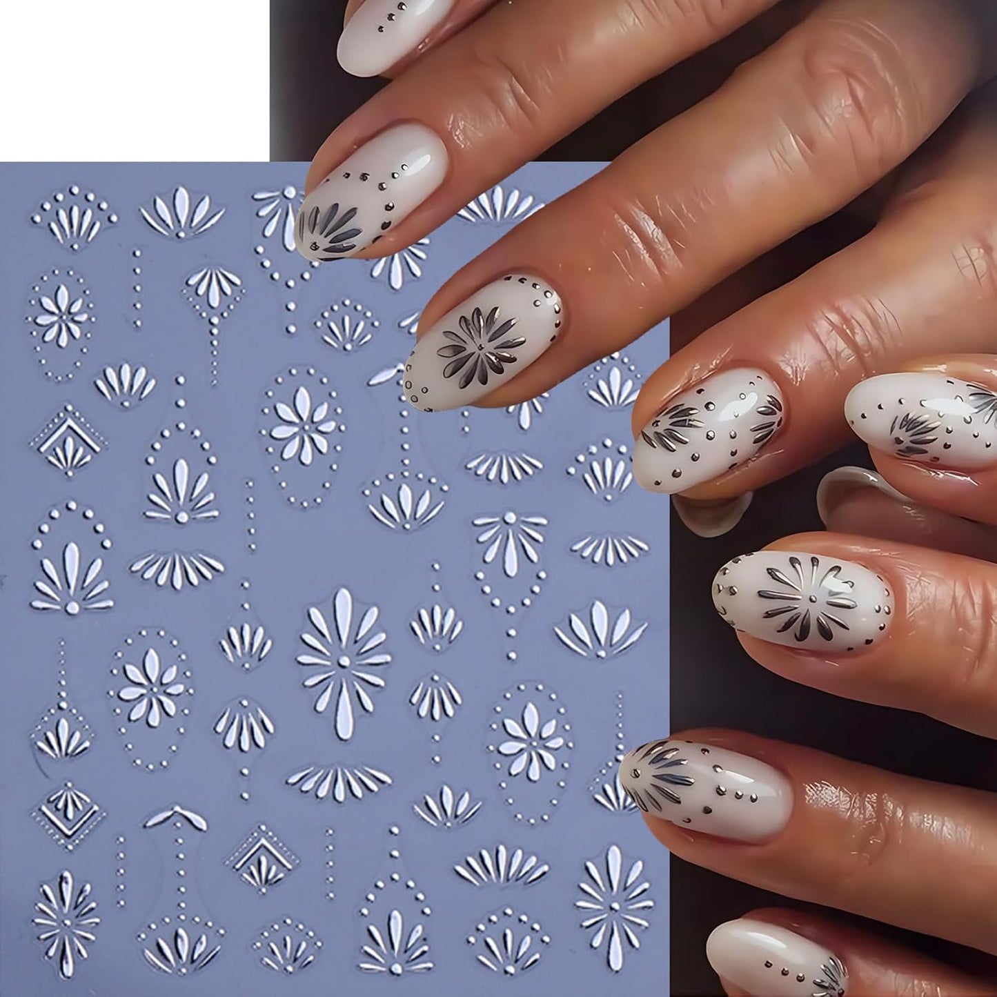 6 Sheets Bohemian Nail Stickers for Nail Art 3D Self-Adhesive Flower Nail Art Stickers Gold Silver Floral Nail Decals Bohemian Style Retro Blue Manicure Art Decoration Charms for Women Nails Supplies