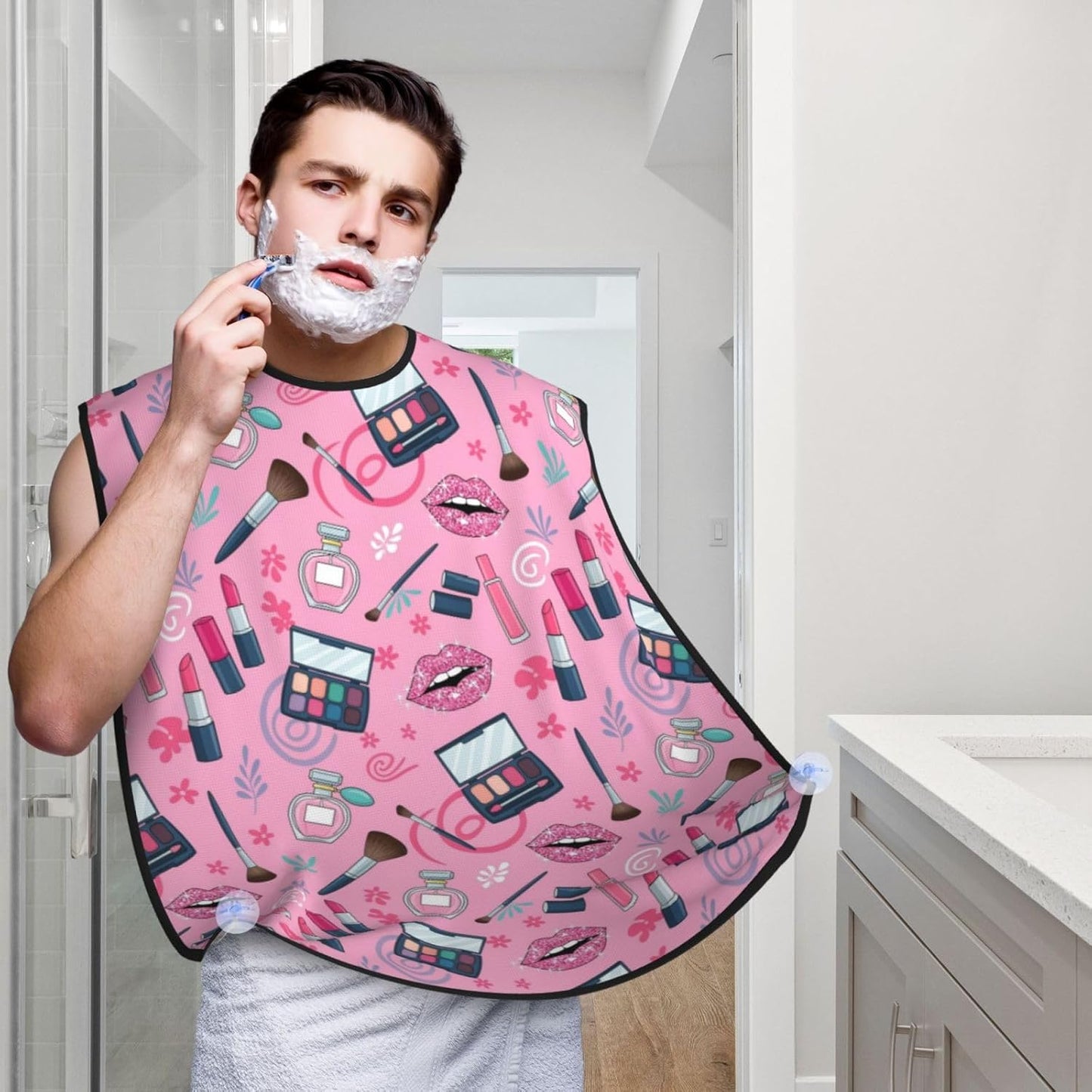 Non-Stick Beard Shaving Bib, Hair Catcher Apron with Suction Cups, Waterproof Grooming Tool for Men Husband, Modern Lady Girly Cosmetic Perfume Lipstick Pink Shave Bib