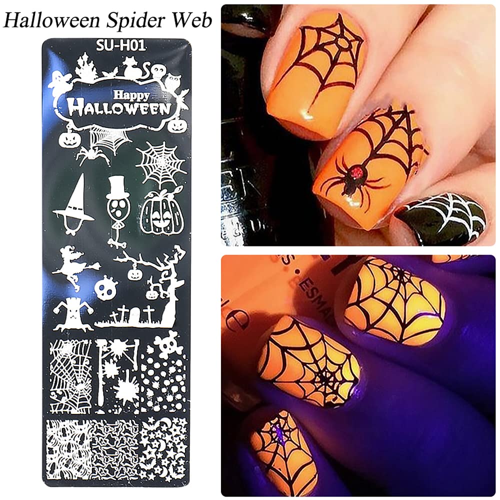Halloween Nail Art Stamping Plates, 6 PCS Halloween Nail Stamper Kit Horror Ghost Skull Pumpkin Spider Witch Nail Art Stencils Plates Halloween Holiday Party Manicure Template Design Tool