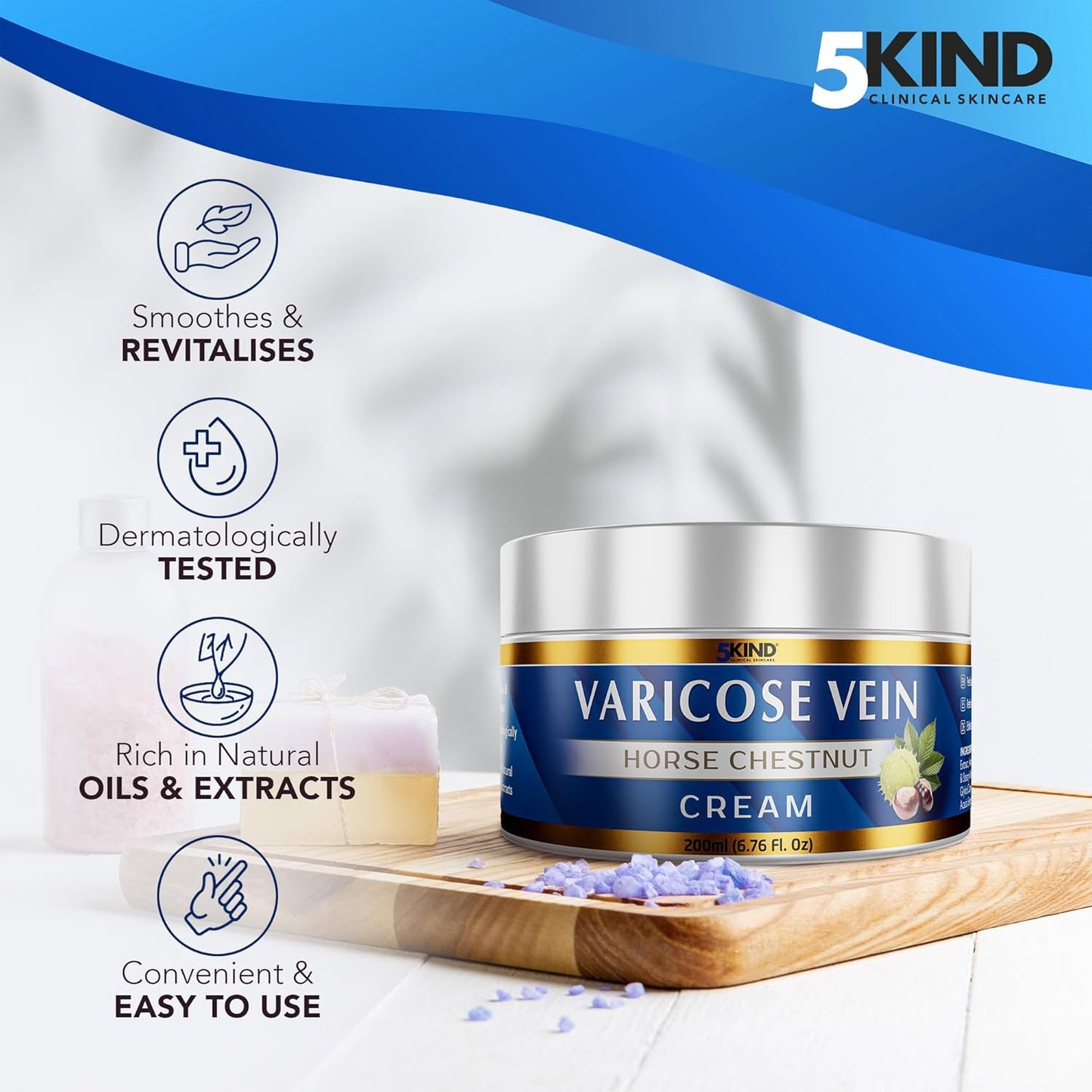 Varicose Veins Treatment for Legs 6.76 Fl Oz - Horse Chestnut Cream for Varicose Veins with Zinc, Avocado & Arnica - Improve the Appearance & Feel of Varicose Veins - Varicose Veins Cream by 5Kind