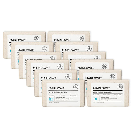 MARLOWE. No. 102 Body Scrub Soap 7 oz (12 Bars), Exfoliating Soap Bar with Shea Butter, Olive Oil & Green Tea Extracts, Cleanses, Smooths & Revitalizes Skin, Original Sage & Fir Scent