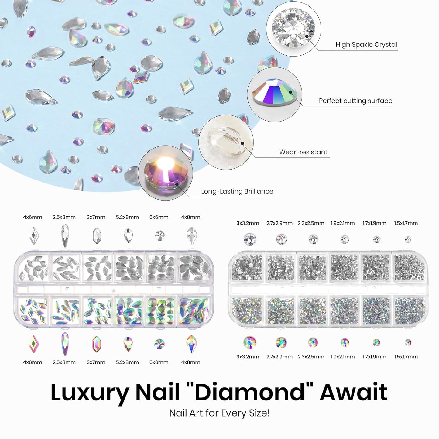 Beetles Gel Polish Nail Glue with Nail Gems Set, 15ml Nail Rhinestone Glue &120+2000Pcs Crystal Glass AB Rhinestones for Nails Art, Nail Gems with Double-Ended Clean Up Nail Brush Gifts for Girls