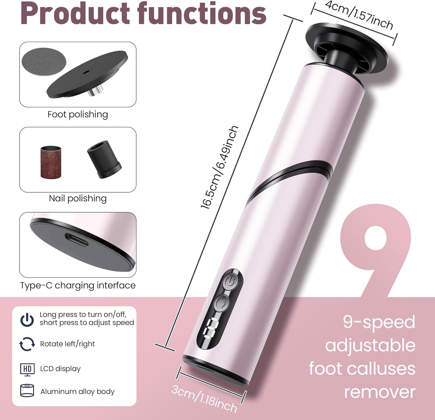 Electric Foot Callus Remover,2 in1 Rechargeable Callus Remover for Feet,9-Speed Wireless Electric Foot File Nail Grinder,Foot Scrubber Pedicure Tools for Dead Skin Dry Cracked Feet(Pink Fold)