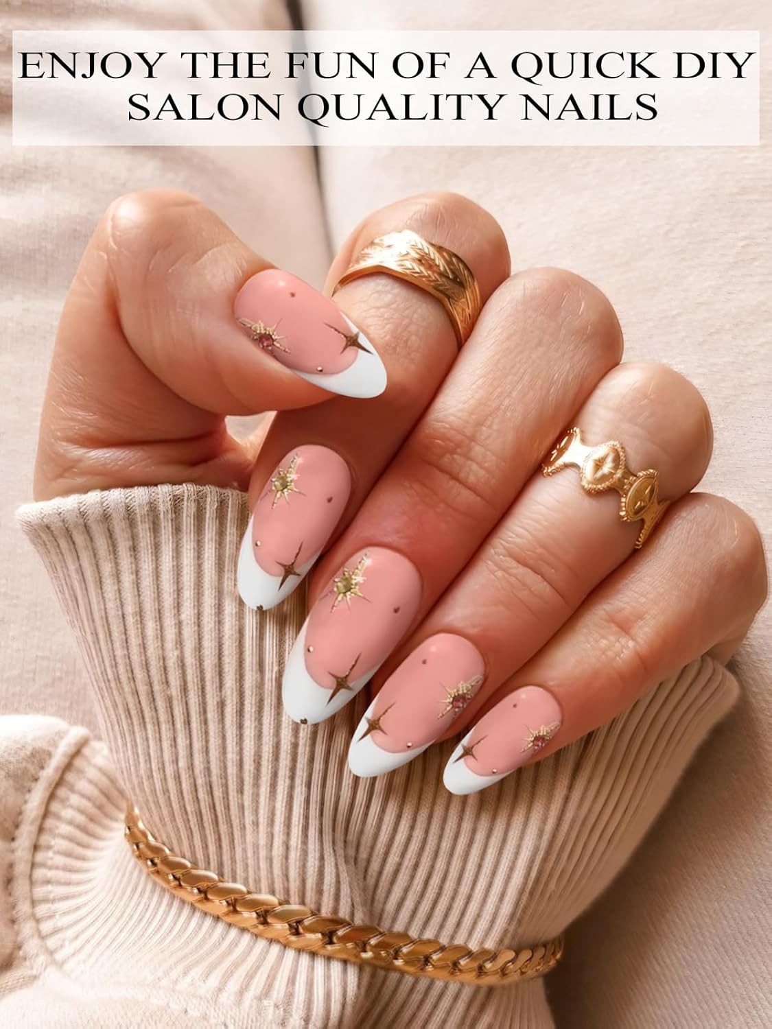 EBANKU 24Pcs Semi-Cured Gel Nail Strips, French Star Nail Sticker, Lasting Waterproof Full Nails Wraps Stickers for Salon Manicures, Perfect for Women, Girl with Nails File and Stick