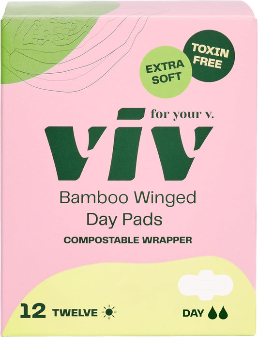 Viv for Your V Bamboo Organic Pads for Women | Soft, Thin, Absorbent Sanitary Pads with Wings | Unscented, Earth-Friendly | Postpartum Gift for Mom | Regular Absorbency (12 Pack)
