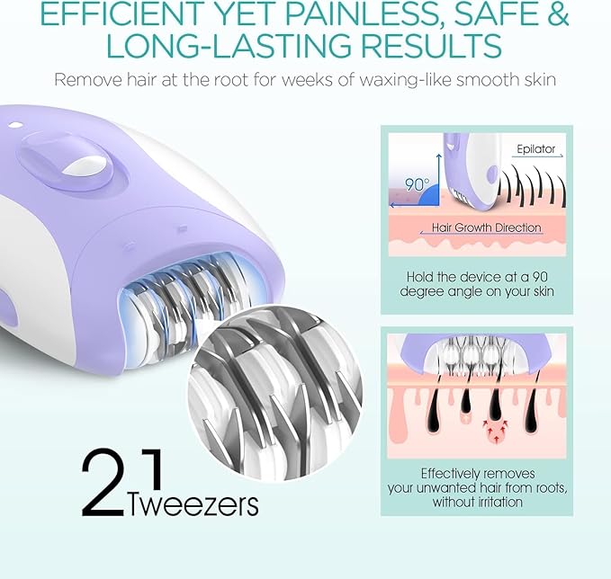 Epilator for Women-Cordless Epilators Hair Removal for Women, 4-in-1 Electric Razor Hair Remover, 2 Speeds & 21 Tweezers for Face Legs Arms Armpit Bikini, Purple HR310