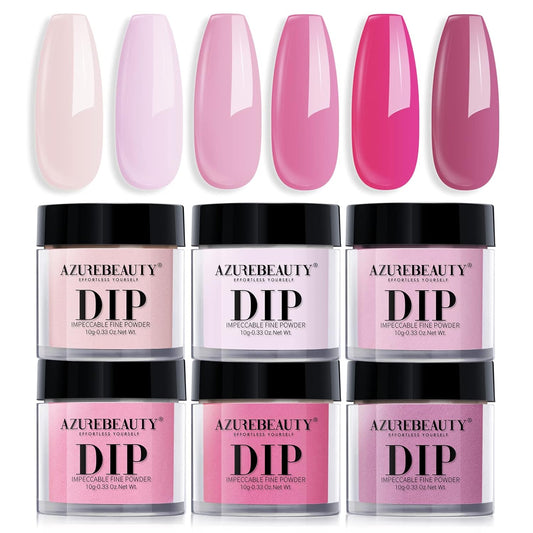 AZUREBEAUTY Pink Dip Powder Nail Set, 6 Colors Light Hot Pink Cherry Blossom Shades Dipping Powder Starter Kit, French Nail Art Manicure, No Need Nail Lamp Cured DIY Salon