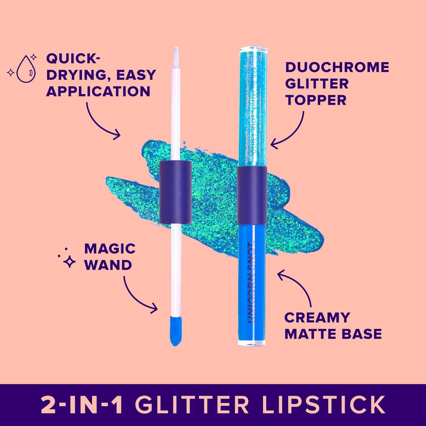 UNICORN SNOT Quiet Riot™ Plastic-Free Glitter Lip Duo | 2-in-1 Set w/Matte Lipstick & Sparkly Glitter Lip Gloss | Halloween Costume Makeup | 0.15oz Blue Lipstick & 0.16oz Gloss (Dream)
