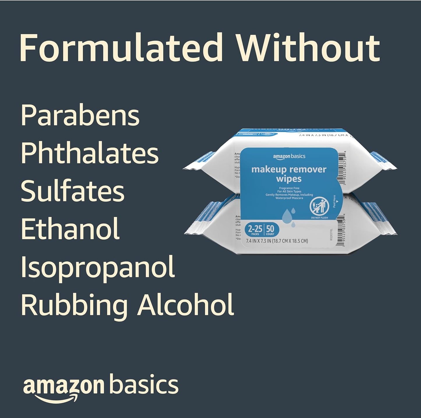 Amazon Basics Makeup Remover Wipes, Fragrance- and Alcohol-Free, Gentle Cleansing, Removes Waterproof Mascara, Dermatologist Tested, 25 Count, Pack of 2 (Previously Solimo)