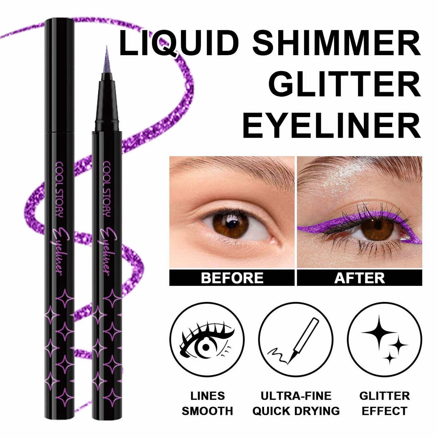 4Pcs Glitter Colored Liquid Eyeliner & Eyeshaow, Shimmer Liquid Eyeliner & Eyeshaow Makeup Set, Purple Blue Gold Green Face Body Glitter Makeup Sparkling Eye shaow Pen