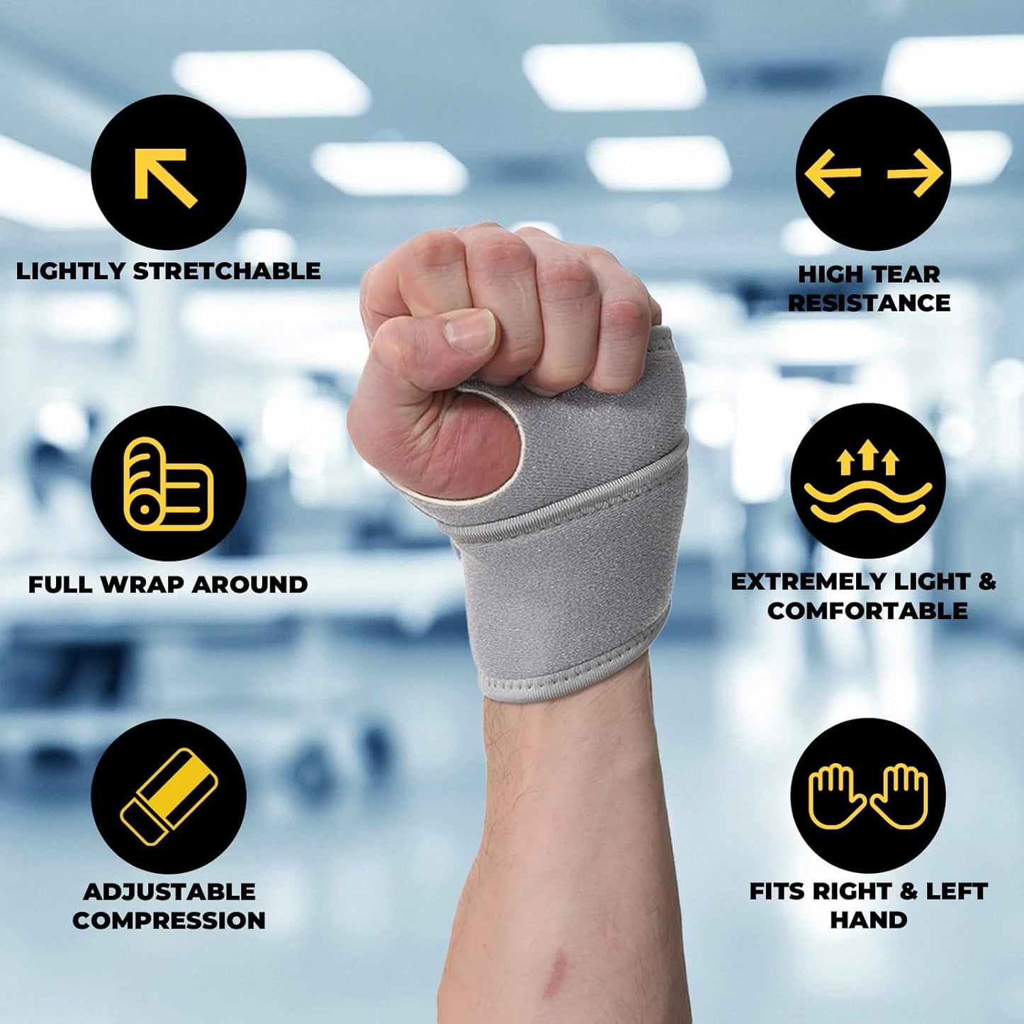 NeoTech Care Wrist Band - Elastic & Breathable Fabric - Adjustable Compression Strap - Men, Women, Right or Left - Support Wrap for Protection or Sports (Gray Color, Size M, 1 Pair)