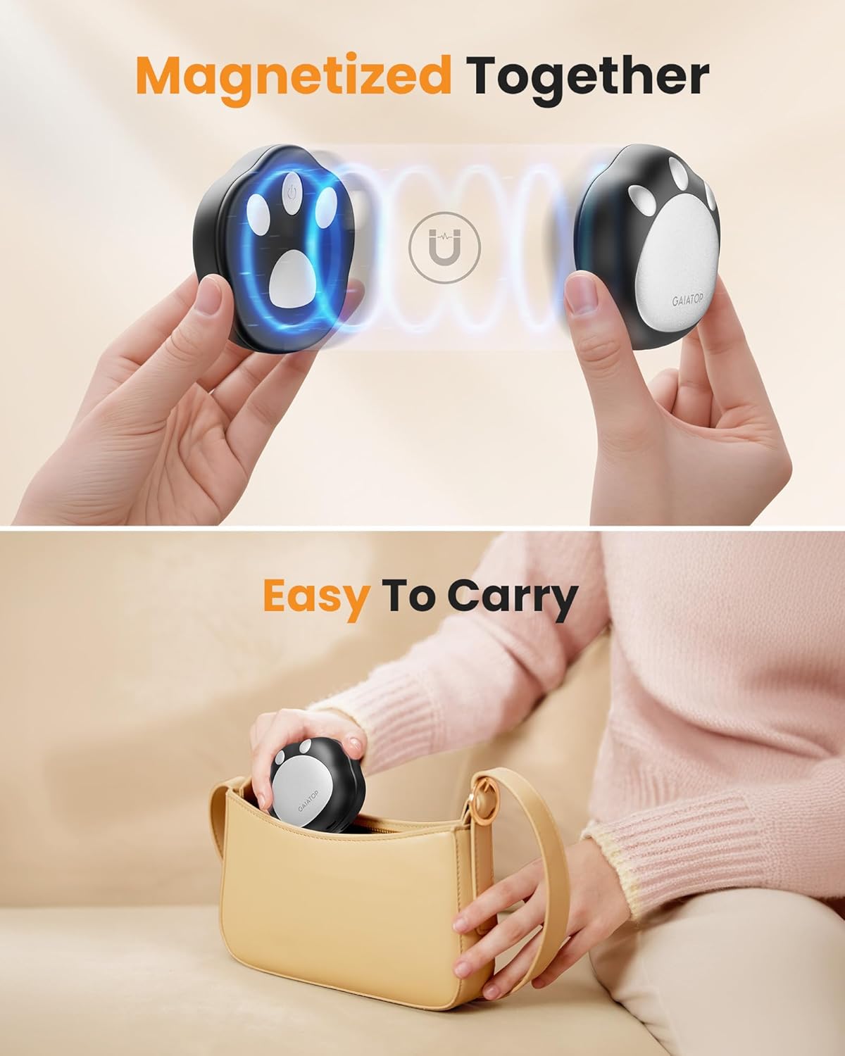 Gaiatop Hand Warmers Rechargeable, 2 Pack Cute Cat Paw Design 3 Levels Magnetic Electric Pocket Heater, Reusable Portable Hot Hands Gifts for Women Men Cat Lover