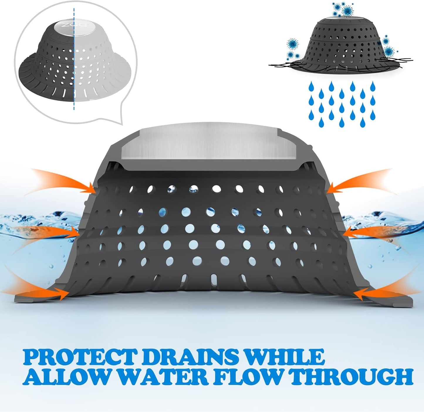 zaa Bathtub Drain Hair Catcher, 2 Pack Silicone Collapsible Bathtub Drain Cover Hair Catcher & Protector for Pop-Up & Regular Drains of Shower, Bathtub, Tub, Bathroom, Sink, Gray & Black