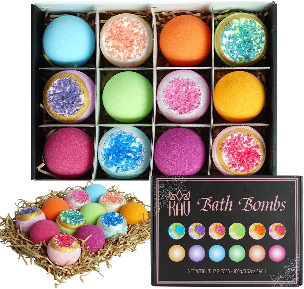 KAV Bath Bombs for Women — Natural Geode Bathbombs for Girls, Tweens | Set of 12 Organic Bath Bomb Giftset with Various Scents and Colors, Moisturizing Spa Fizzies — Essential Oil Infused Gift-Ready
