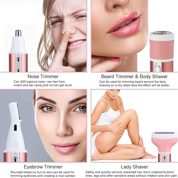 Electric Razor for Women Facial Hair Removal and 4 in 1, Bikini Trimmer Pubic Underarms Painless Nose Eyebrow Body Leg Hair Removal Rechargeable Hair Clippers Grooming Set